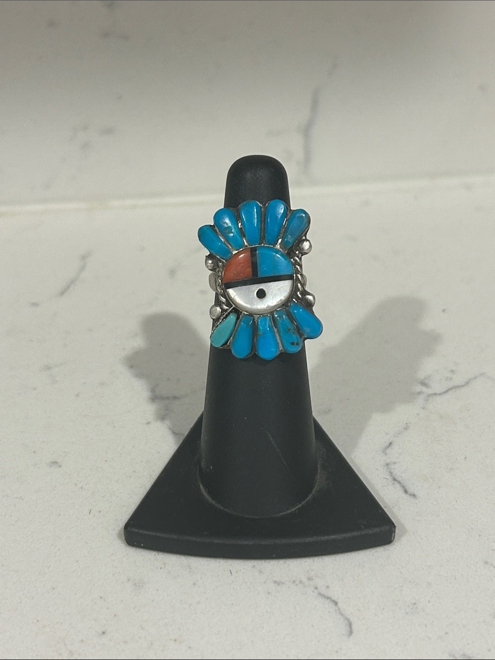 Native Turquoise Inlay Sunface Ring - Turquoise, White, Orange
